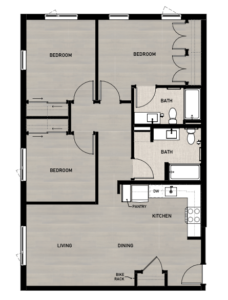 Floor plan for 3 beds, 2 baths, 1057 sqft